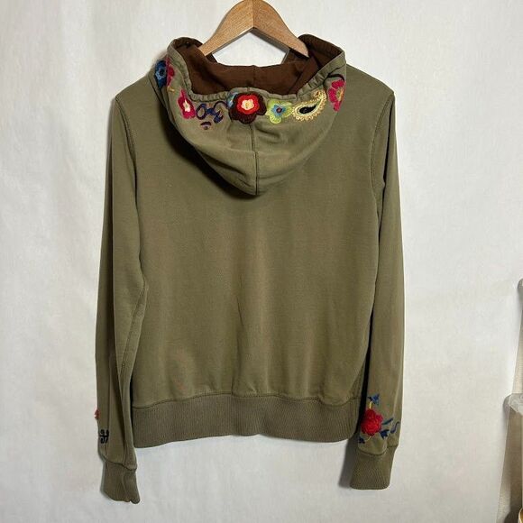 VTG Y2K Lucky Brand Hoodie Womens L Green Peace Love Boho Embroidered Full Zip - Picture 3 of 10